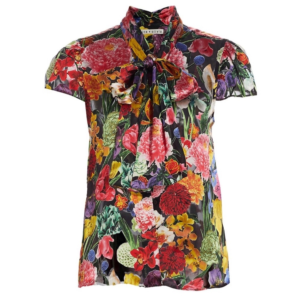 Alice + Olivia Jeannie Floral Burnout Bow Blouse